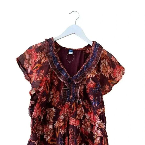 Old Navy Dress  Defined  Waist Chiffon Ruffle Midi Red Orange Floral LP #2208 - Picture 3 of 16